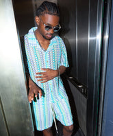 Textured Knit Short Sleeve Button Down Shirt - Light Blue